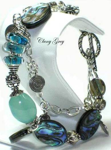abalone bracelet with lampwork and chalcedony