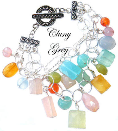 Charm bracelet with chalcedony gemstones and sterling silver.