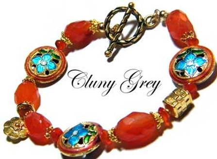 Carnelian bracelet with cloisonne beads and flower charm.