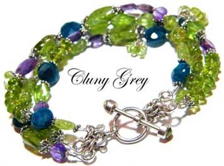 Peridot bracelet of three strands with peacock color apatite, and purple amethyst.